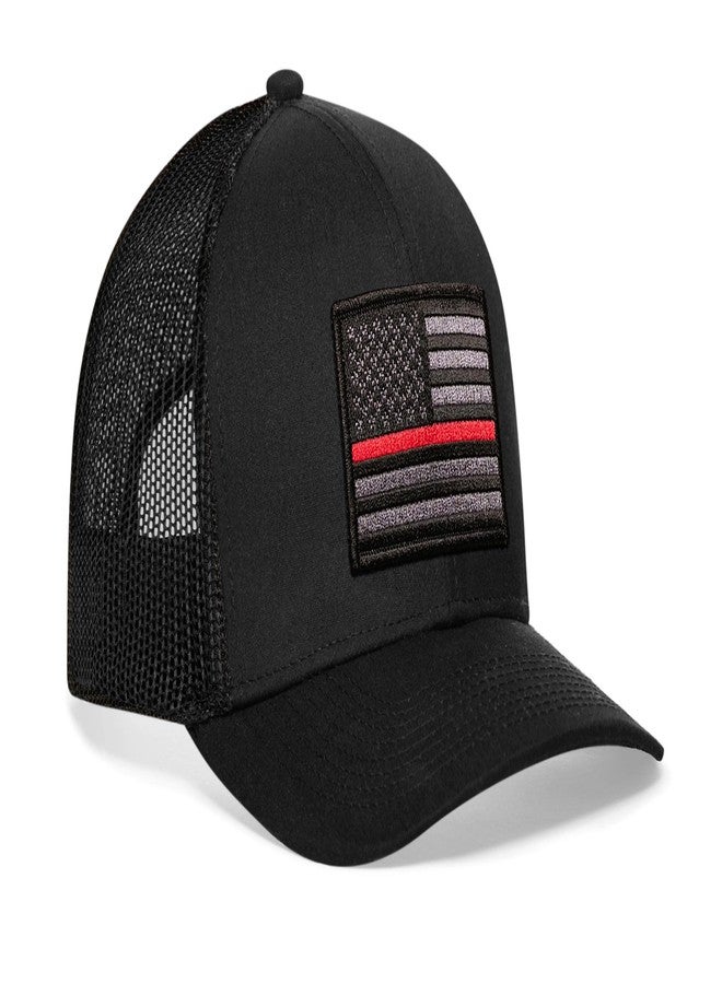 HAKA Thin Red Line Flag Black Trucker Hat - Tactical USA Flag Mesh Snapback Cap for Men, Women & Golf, Patriotic Baseball Dad Hat - Image 1